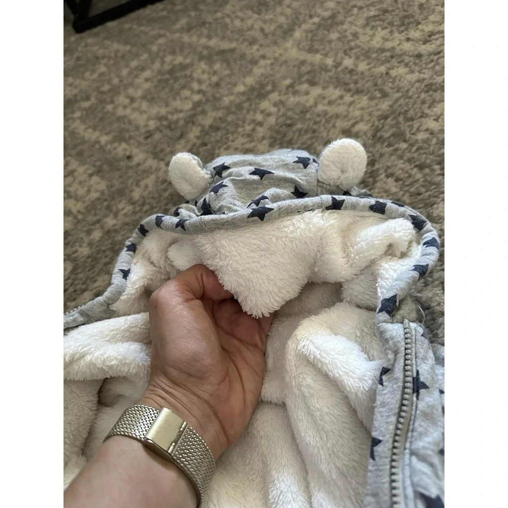 Baby Gap Sherpa Lined Hooded Ears Footed Dual Zip One Piece Gray Star 6-12 Month